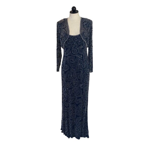 Oleg Cassini Vintage Womens Dress Jacket Set Size 10 Blue Beaded Slip Pure Silk - Picture 15 of 16